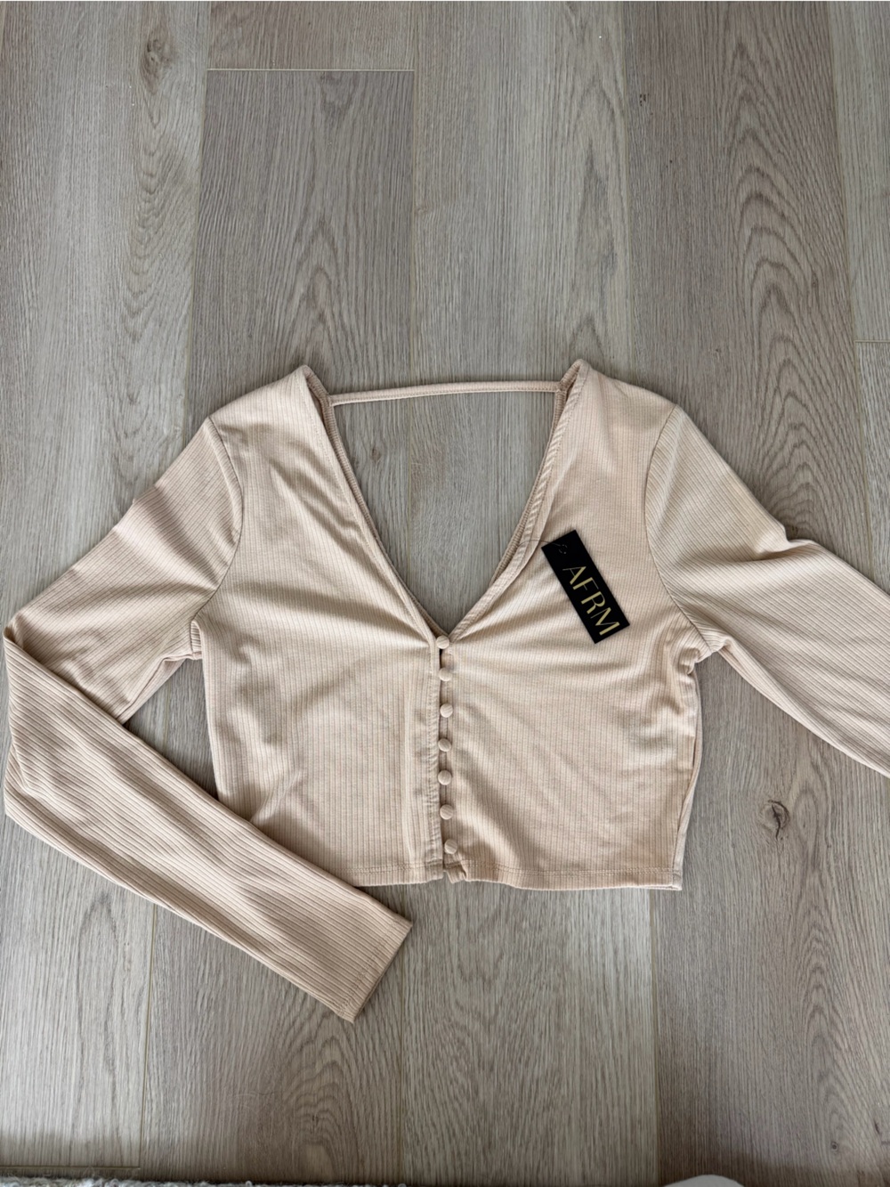 AFRM Beige Long Sleeve Ribbed Button-Front Crop Top